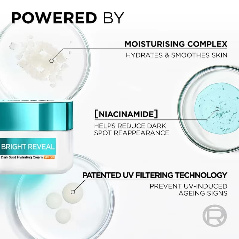 کرم مرطوب کننده و ضد لک لورآل L’Oréal مدل Bright Reveal – حاوی نیاسنامید و با SPF 50 | حجم 50 میلیلیتر — تصویر ۵