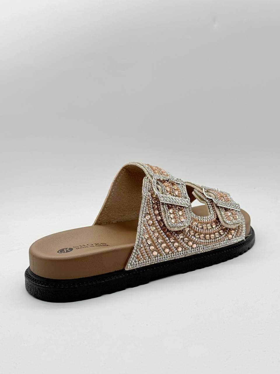 دمپایی دو بند نگینی قهوه ای brown double-strap jeweled slippers — تصویر ۳