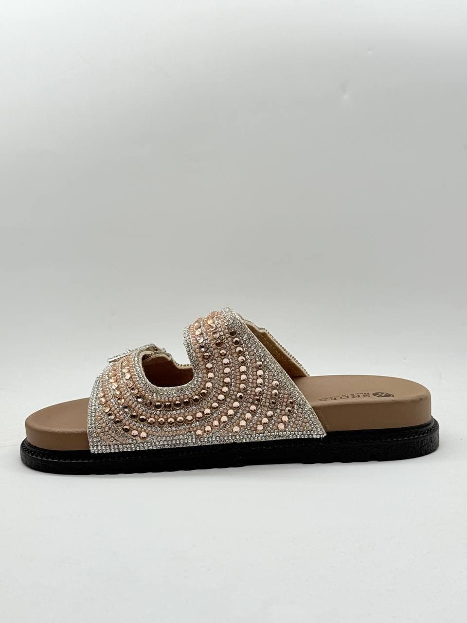 دمپایی دو بند نگینی قهوه ای brown double-strap jeweled slippers — تصویر ۵