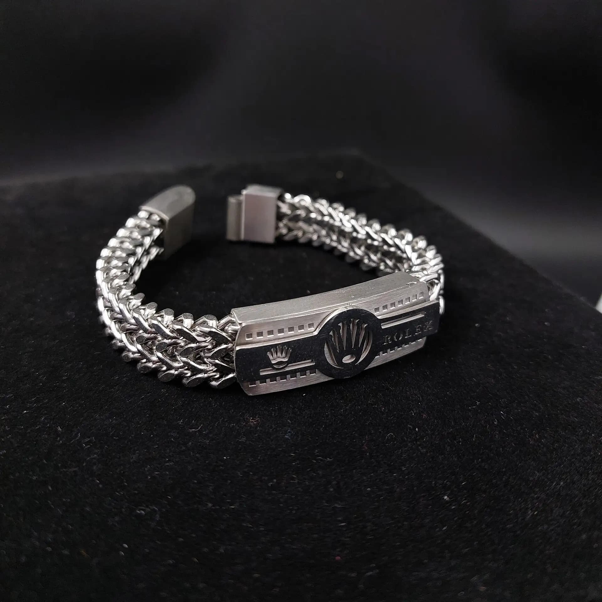 دستبند استیل مردانه پلاک رولکس ROLEX زنجیر چهار وجهی دولاین رنگ ثابت کد amp — تصویر ۲