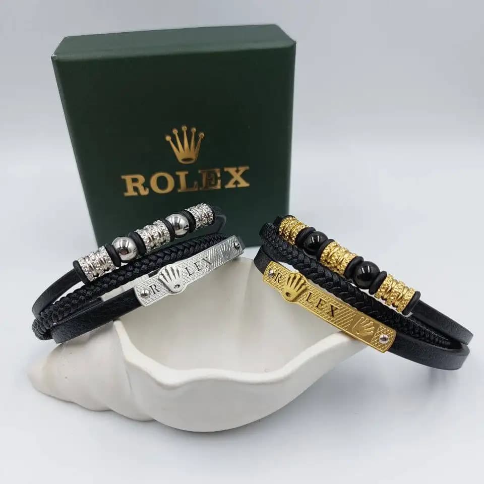 دستبند مردانه و پسرانه چرم و رولکس rolex سه لاین پلاک استیل رنگ ثابت کد amp — تصویر ۳