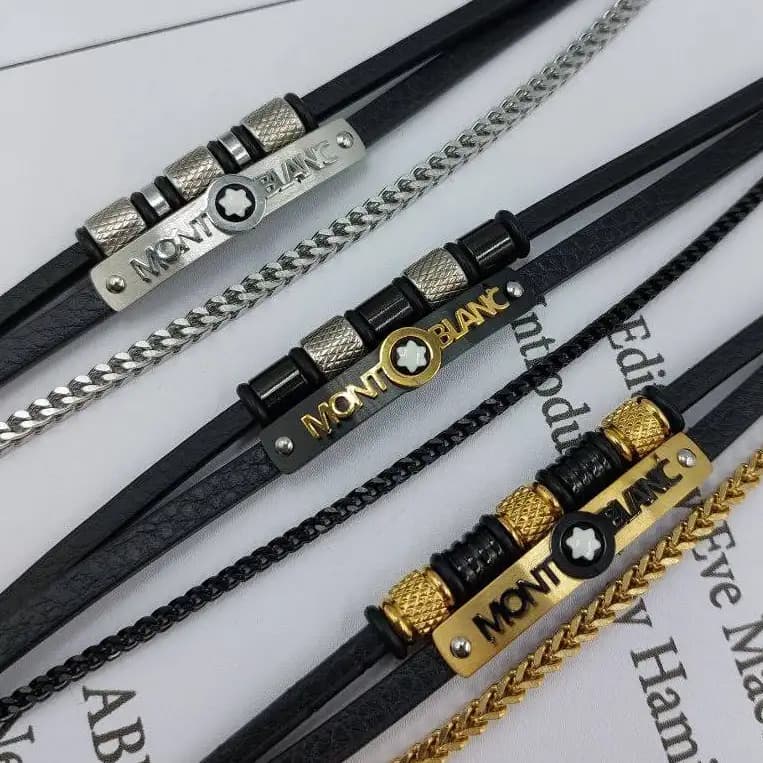 دستبند مردانه اسپرت چرم و پلاک استیل مونت بلک mont black سه لاین رنگ ثابت کد amp