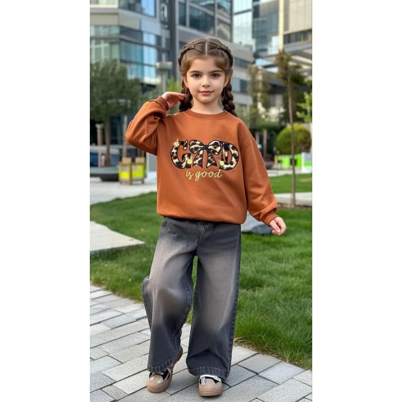ست بلوز و شلوار جین دخترانه پاپیون پلنگی طرح تیکه دوزی و گلدوزی شده مناسب 3 تا 11 سال — تصویر ۳
