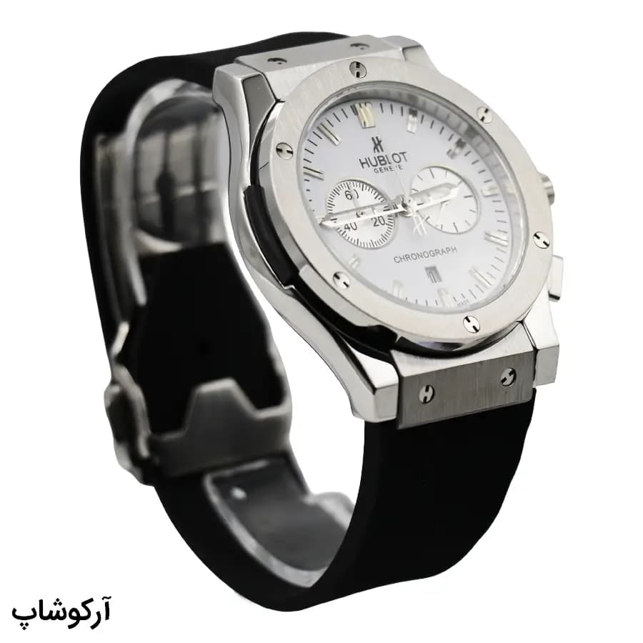 ساعت Hublot کرنوگراف سفید، بند رابر و سیلیکونی، قاب نقرهای مات، صفحه گرد آنالوگ، نمایش تاریخ و 24 ساعته و قفل پروانهای مدل 582888 — تصویر ۳