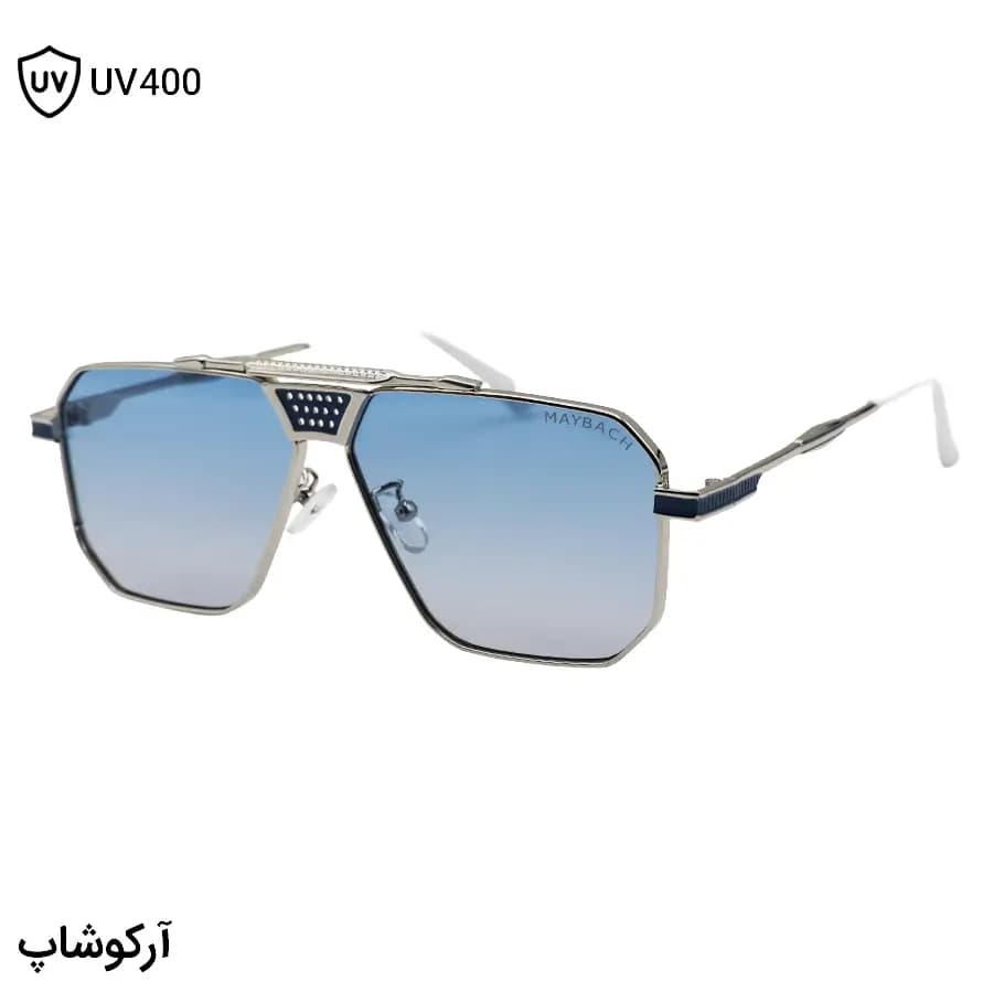 عینک میباخ با فریم شکل چندضلعی، رنگ نقرهای براق و عدسی آبی سایه روشن مدل M1090