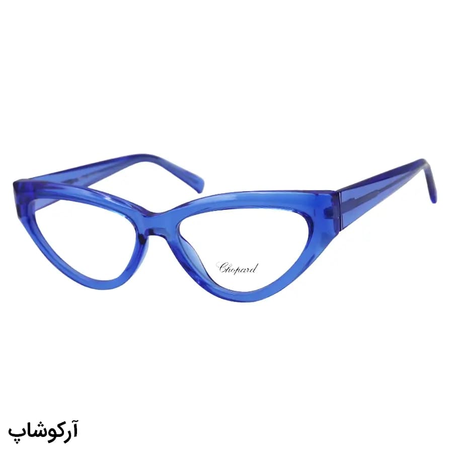 عینک طبی زنانه Chopard با فریم رنگ آبی براق، شکل چشم گربهای، دسته سیمدار و لولا فنردار مدل 2153