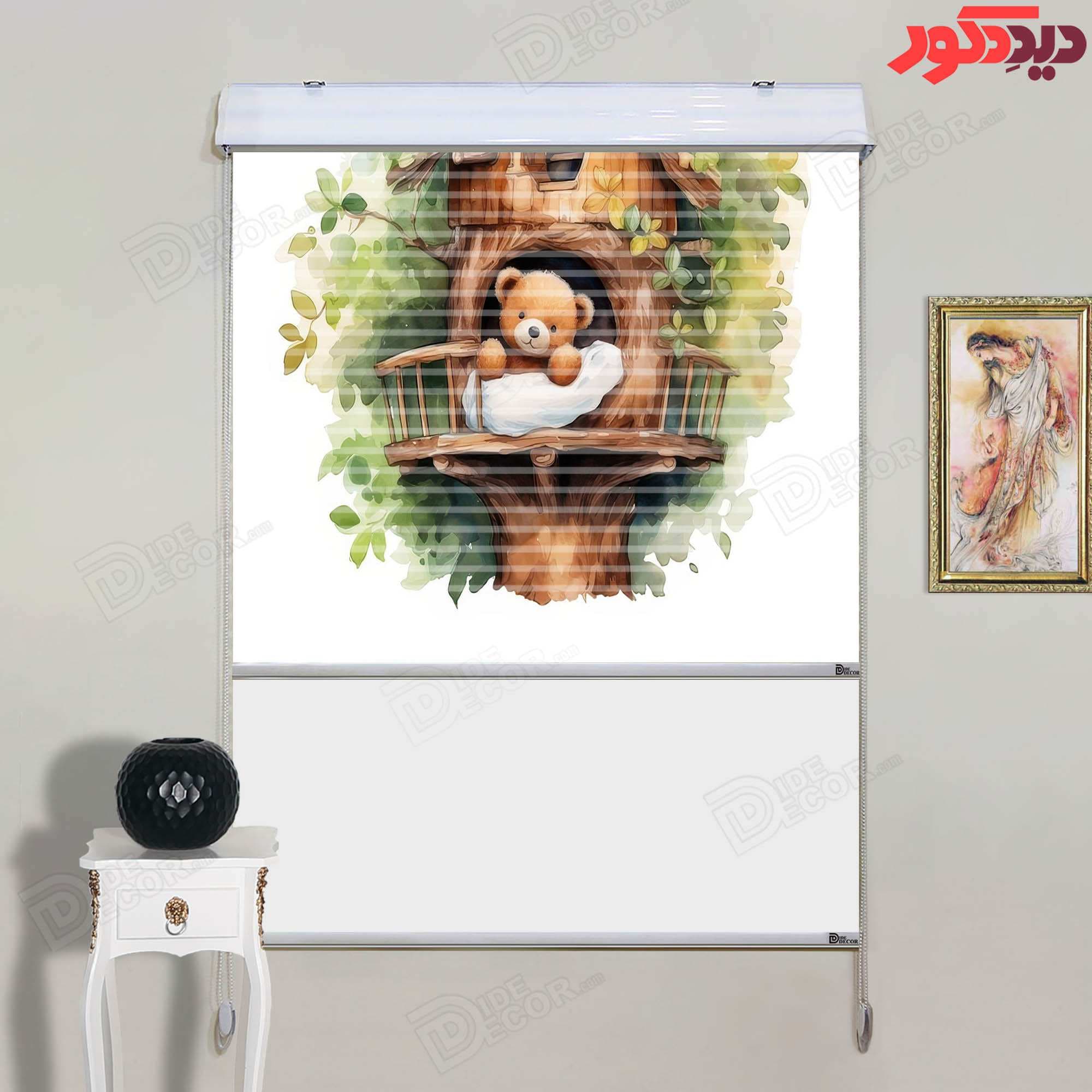 پرده زبرا دومکانیزم تصویری چاپی طرح خرس و کلبه چوبی کد KZD-051 — تصویر ۳
