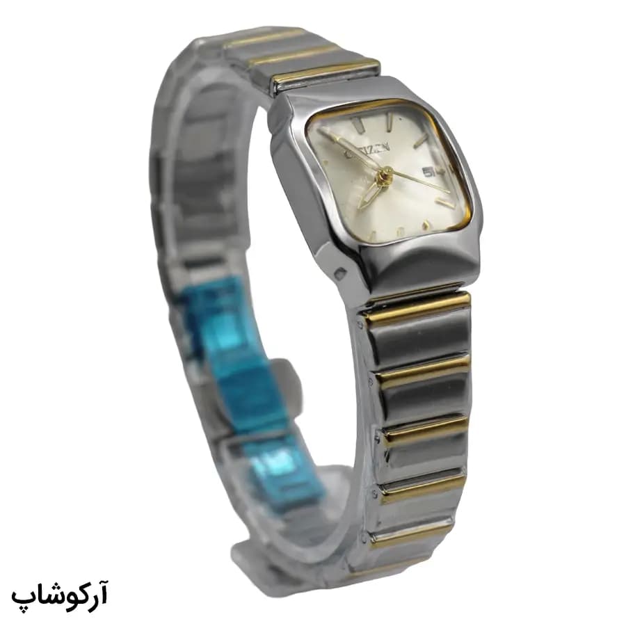 ساعت زنانه سیتیزن Special دورنگ، صفحه سفید، بند و قاب استیل نقرهای طلایی، صفحه مربعی، نمایش تاریخ، قفل پروانهای مخفی مدل GN-2525 — تصویر ۳