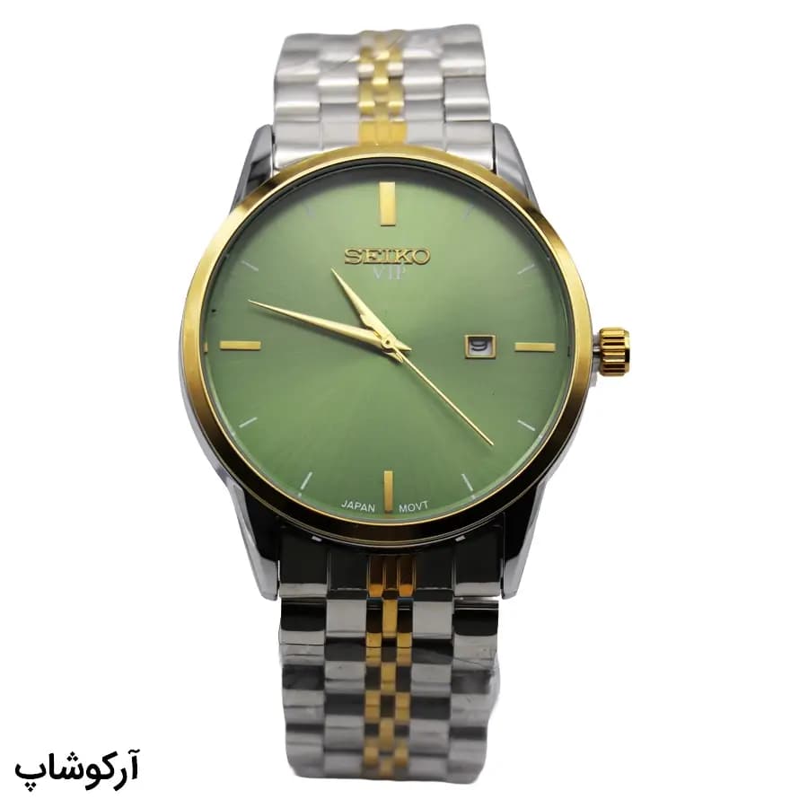 ساعت ست زنانه و مردانه سیکو VIP سبز دورنگ، صفحه خورشیدی، بند و قاب استیل نقرهای طلایی، صفحه گرد، نمایش تاریخ، قفل پروانهای مخفی مدل 977 — تصویر ۲