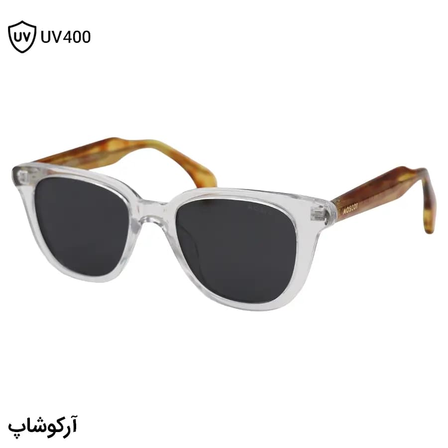 عینک آفتابی MOSCOT با فریم بیرنگ و شفاف، شکل ویفرر، دسته قهوهای و سیمدار و لنز دودی تیره و پلاریزه مدل 581014