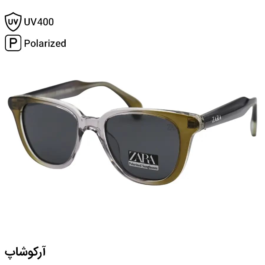 عینک آفتابی ZARA با فریم ویفرر، رنگ طوسی و سبز براق، دسته سیمدار، عدسی دودی تیره و پلاریزه مدل 66505