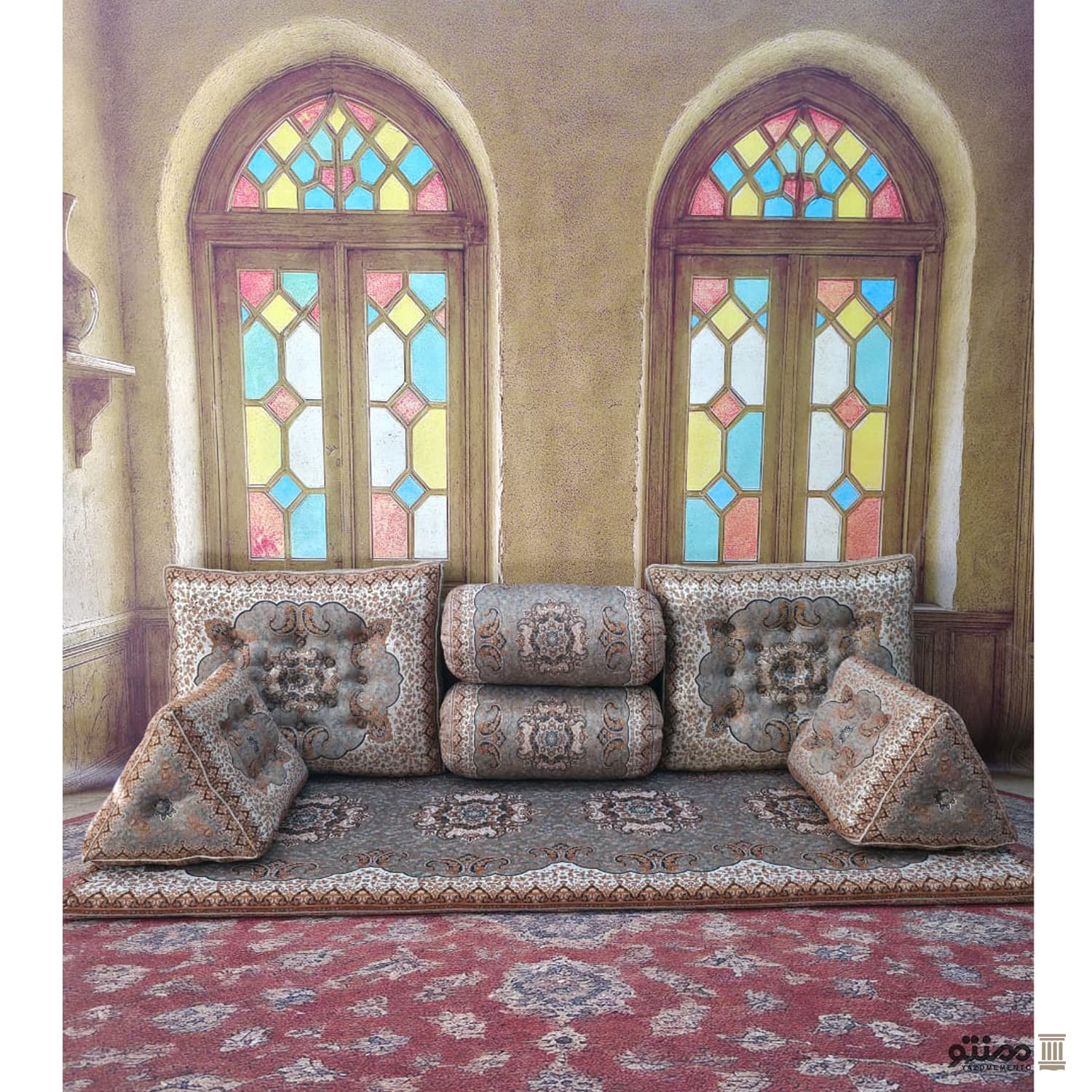 پشتی سنتی شاه نشین ترمه طرح بوستان – ست ۷ تکه کرم — تصویر ۲