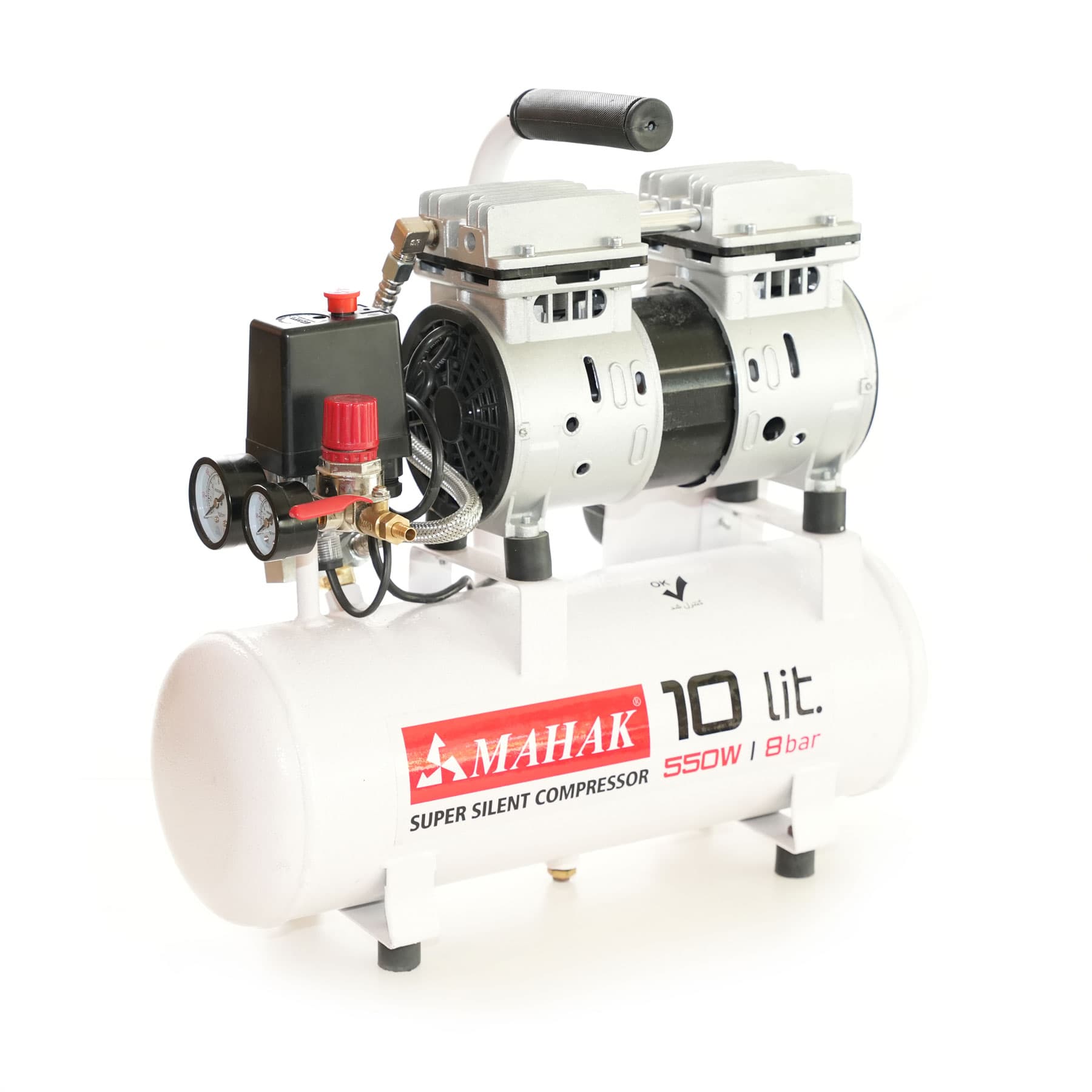 کمپرسور 10 لیتری بیصدا بدون روغن محک مجهز به شیر برقی مدل HSU550-10L