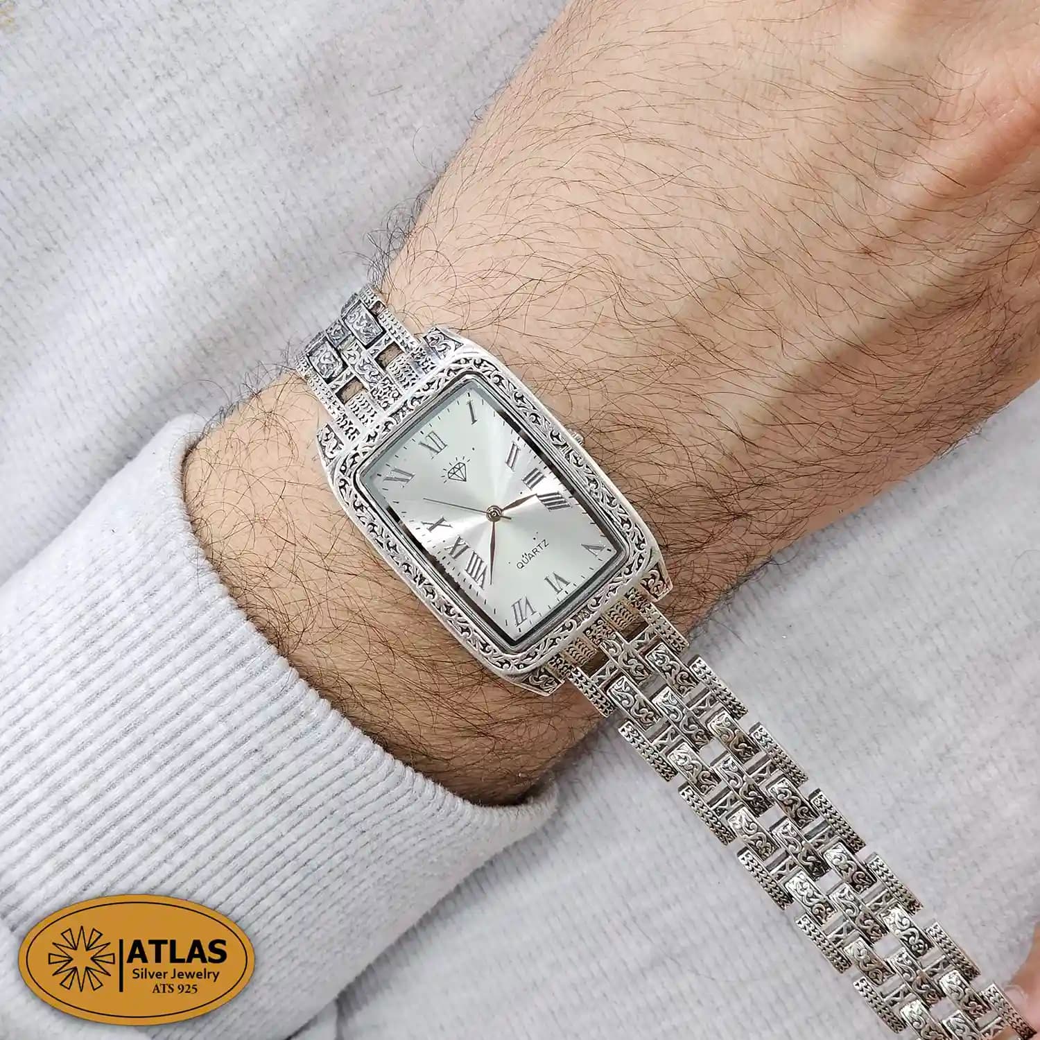 ساعت نقره مردانه سیاه قلم بدون نگین 71 گرمی نقره اصل 925 — تصویر ۲