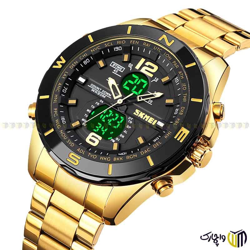 ساعت مچی دو زمانه مردانه برند اسکمی کد 1670 رنگ طلایی مشکی — تصویر ۴