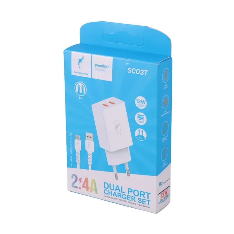 شارژر دیواری 12 وات 2.4A اسکای دلفین مدل SC03T + کابل تایپ سی — تصویر ۴