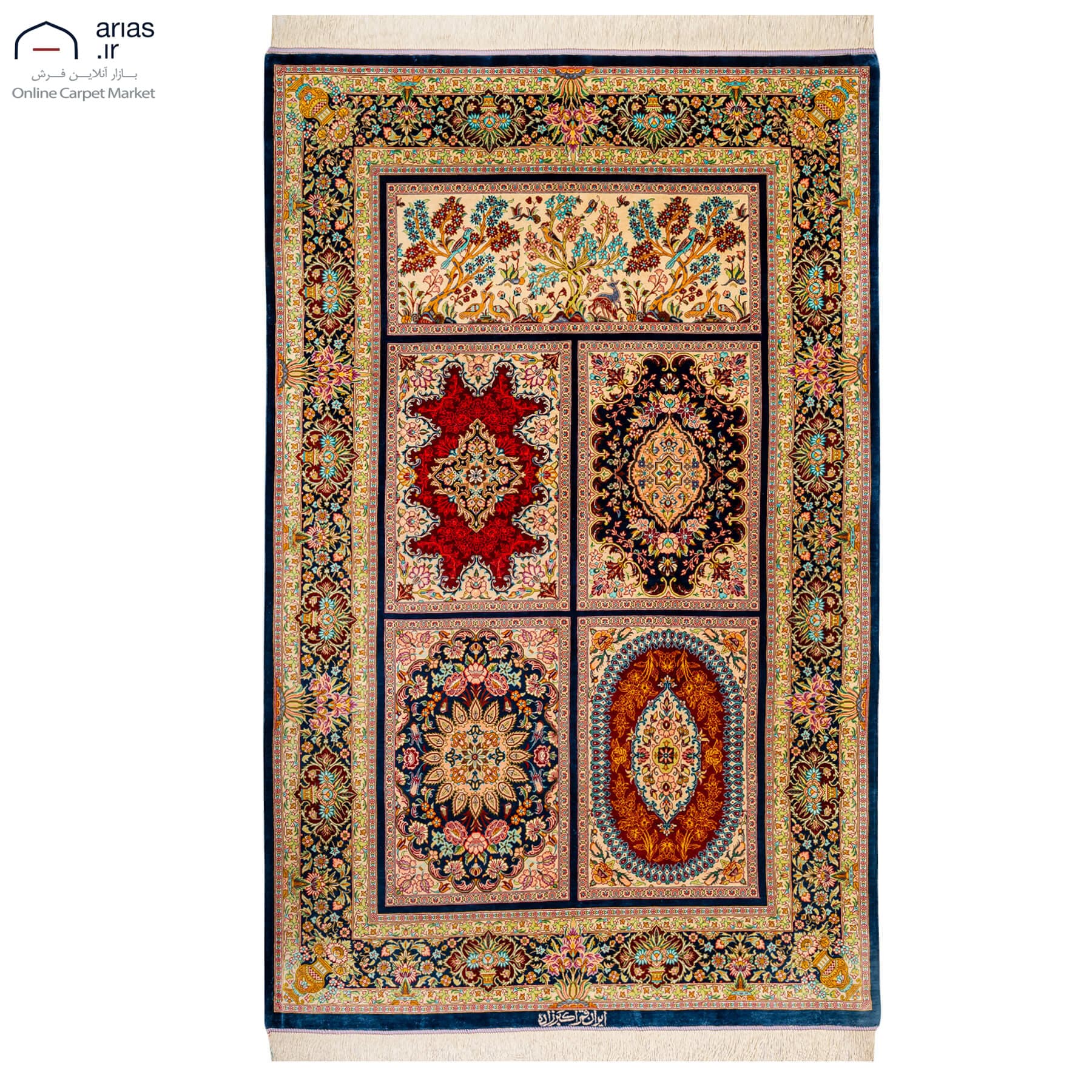 فرش دستباف ذرع و نیم تمام ابریشم طرح قابی مارک اکبرزاده قم کد D02616G