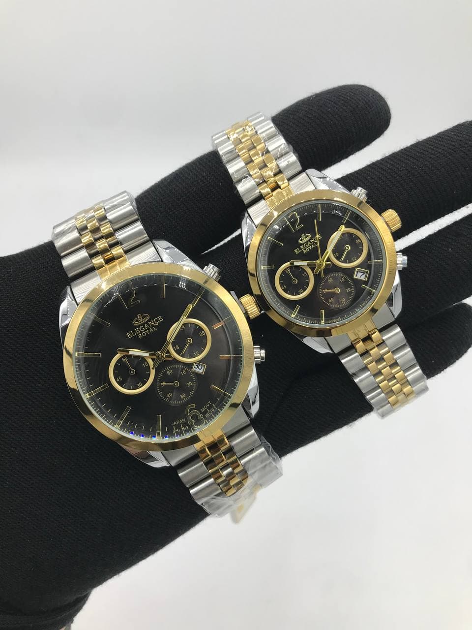 ست ساعت زنانه و مردانه الگانس رویال طرح کرنو موتور ژاپن دارای قفل پروانه ای بند استیل کد 2117195