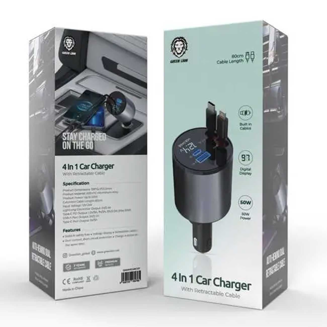 شارژر فندکی فست شارژ ماشین تایپ سی و لایتنینگ 50 وات گرین GN4IN1CARCGY — تصویر ۶