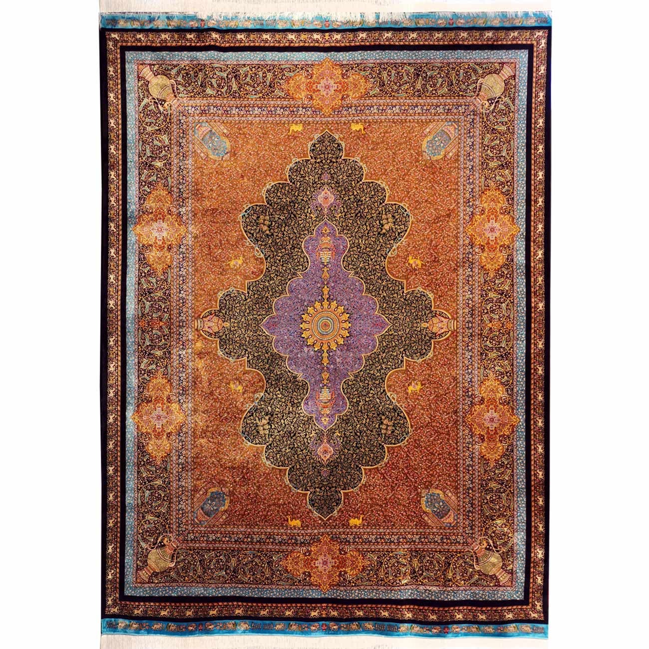 فرش ابریشم قم طرح ترنج حاشیه اسب 1500 شانه کد 64FA3105533