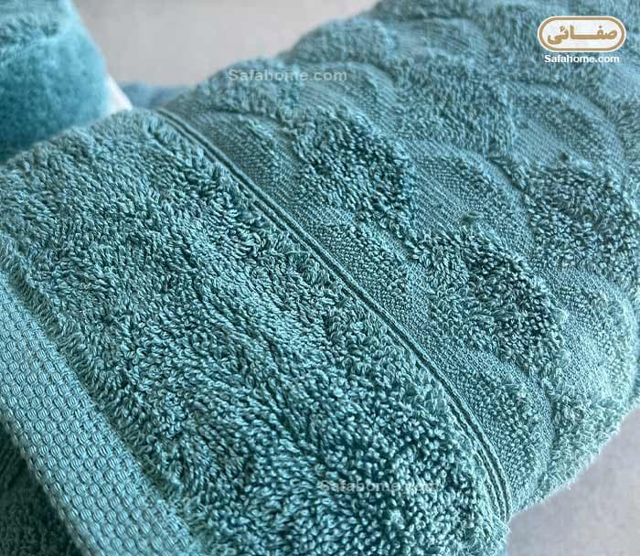 سرویس حوله عروس و داماد مدل دو رو آبگیر سبزآبی و شیری — تصویر ۸