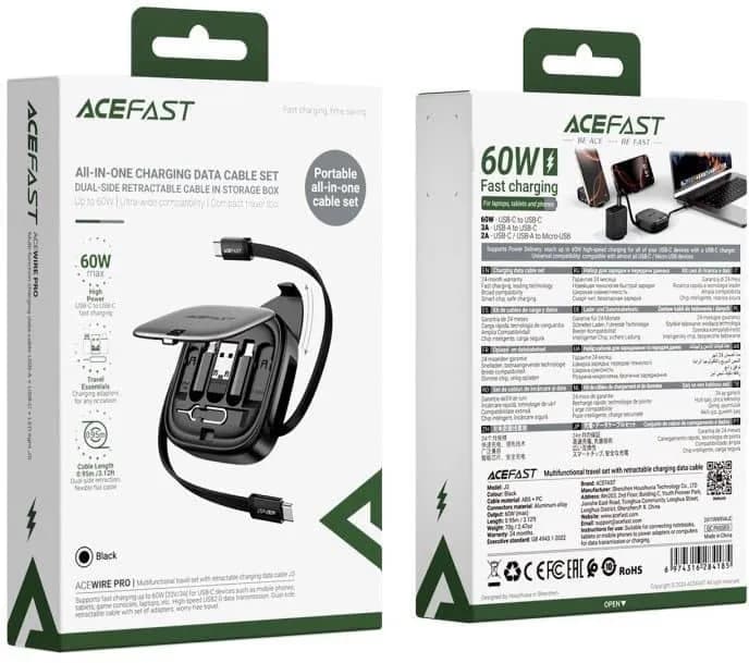 پک کابل چند منظوره ایس فست ACEFAST J3 Acewire Pro توان 60 وات همراه با کابل جمعشونده — تصویر ۲
