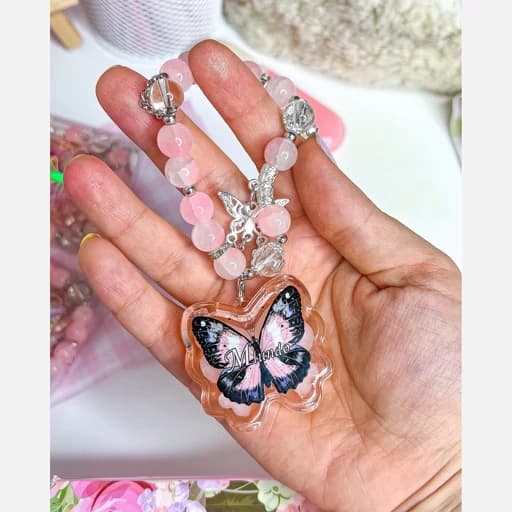 پرایمر عطر جیبی پینترستی پروانه و دستبند سنگ طرح رز کوارتز صورتی کیوت مروارید پرنسسی فانتزی کیوت دخترانه کادوهدیه تولد — تصویر ۵