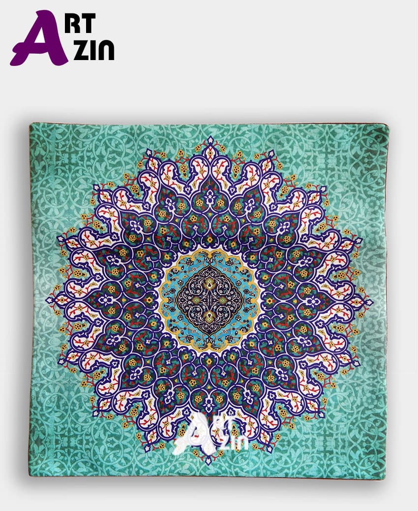 رومیزی سنتی مخمل سبز آبی 90*90 سانتی طرح شمس کد: 10 – 607
