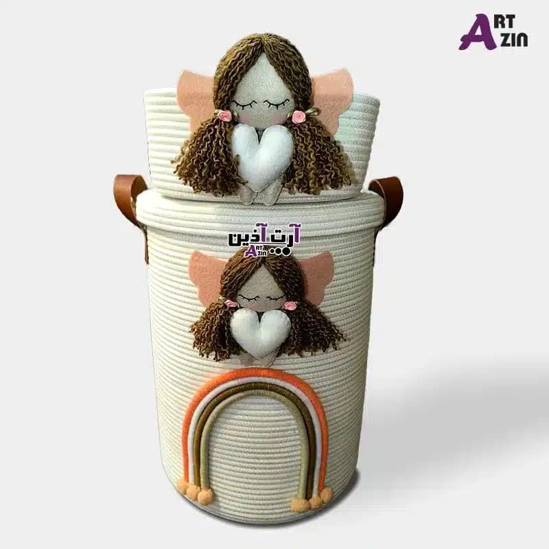 سبد رخت چرک در دار 30*40 سانتی و جای لوسیون گرد عروس و اتاق نوزاد با طراحی عروسک دختر – کد: 874
