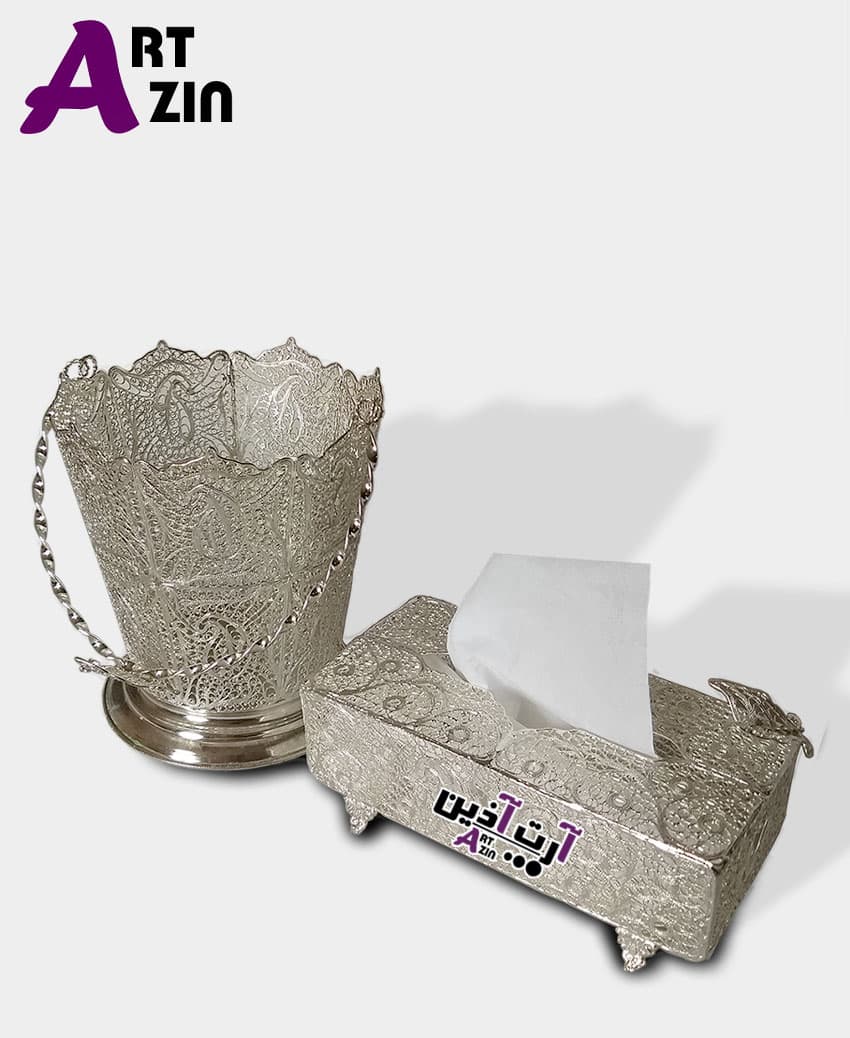 جا دستمال کاغذی و سطل عروس نقره ملیله کاری اصفهان – کد : ۱۲۰۶