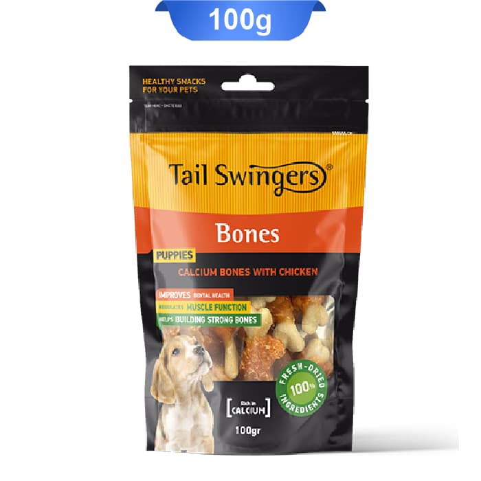تشویقی توله سگ تیل سوینگرز پاپی استخوان کلسیمی با مرغ وزن 100 گرم Tail Swingers Bones