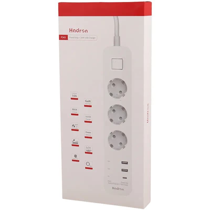 چند راهی 3 خانه برق ارت دار هادرون P343 با کابل 1.8 متری + شارژر USB و Type-C — تصویر ۲