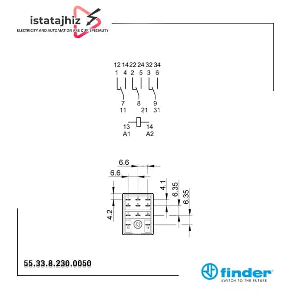 رله شیشه ای 8 پایه 3 کنتاکت 230 ولت AC فیندر کد 55.33.8.230.0050 — تصویر ۵