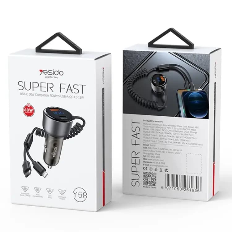 شارژر فندکی 60 وات با کابل یسیدو مدل YESIDO Y58 SUPER FAST — تصویر ۸