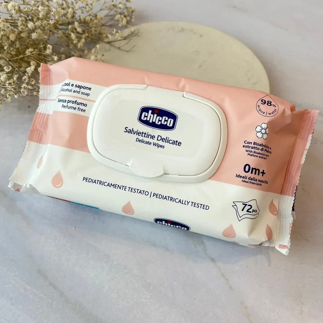 دستمال مرطوب چیکو ۹۸ درصد آب Chicco درب دار ۷۲ عددی — تصویر ۴