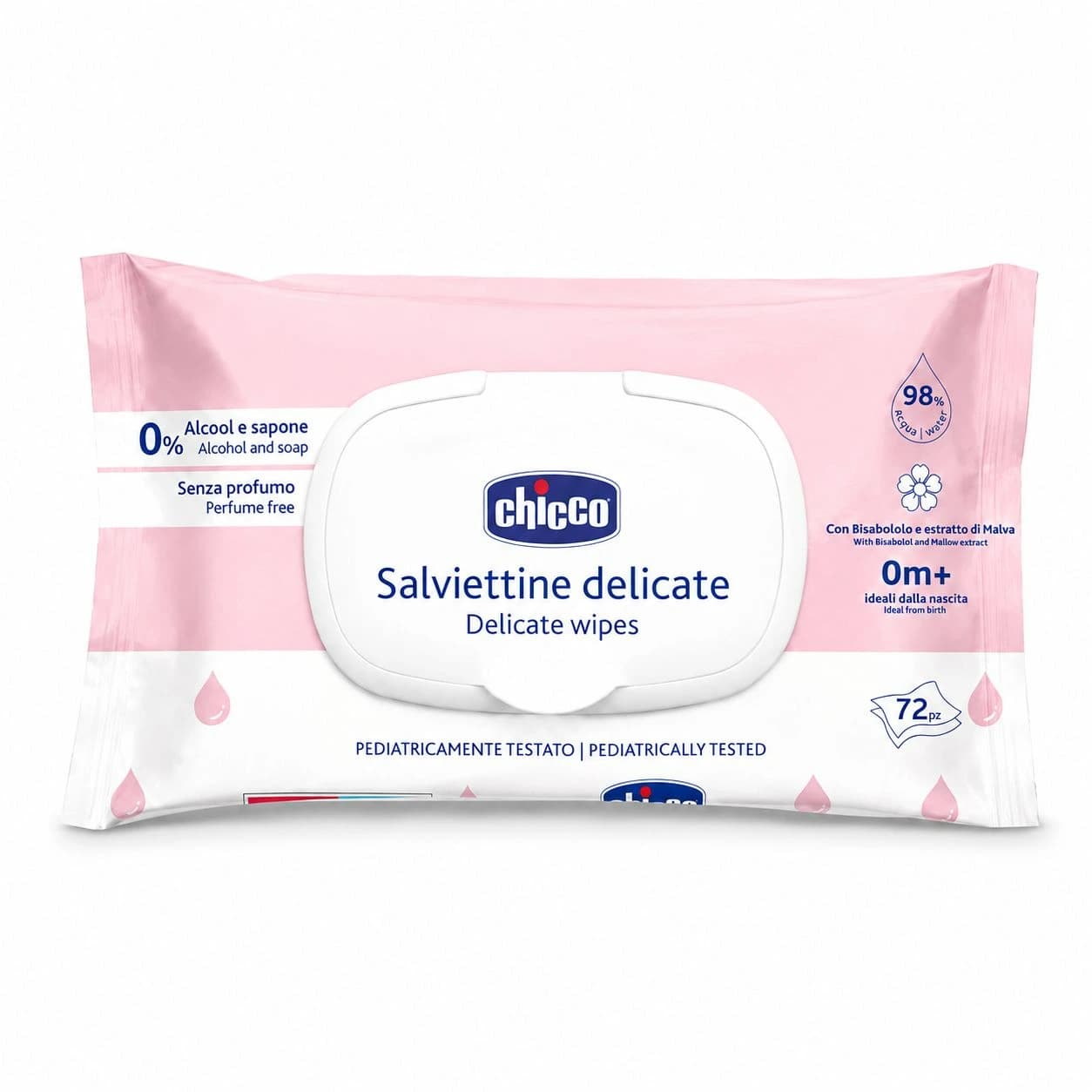 دستمال مرطوب چیکو ۹۸ درصد آب Chicco درب دار ۷۲ عددی