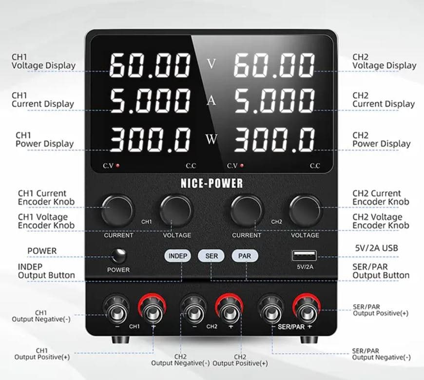 منبع تغذیه دوبل 60 ولت 5 آمپر نایس پاور مدل Nice-Power SPS605-2KD — تصویر ۵