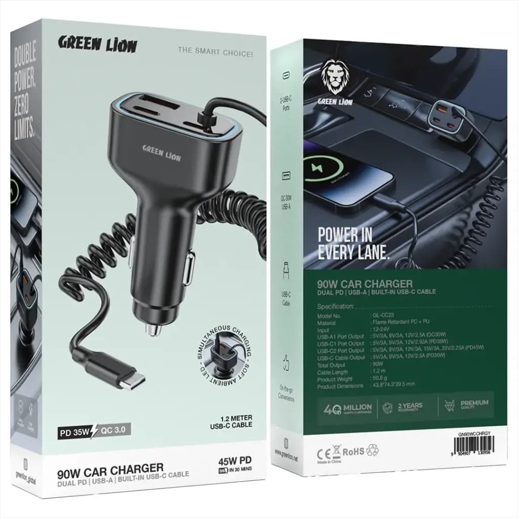 شارژر فندکی مشکی خودرو مدل Dual PD 90W با کابل USB‑C داخلی گرین لاین — تصویر ۲