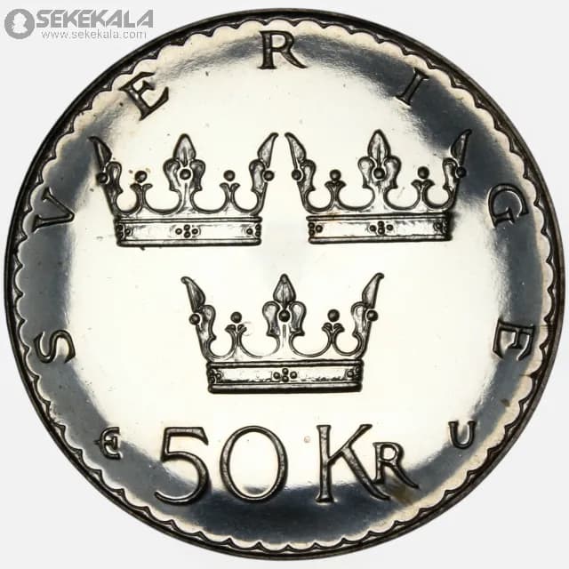 سکه 50 کرون نقره پروف سوئد 1975 (یادبود قانون اساسی سوئد)(با قاب فابریک) — تصویر ۴