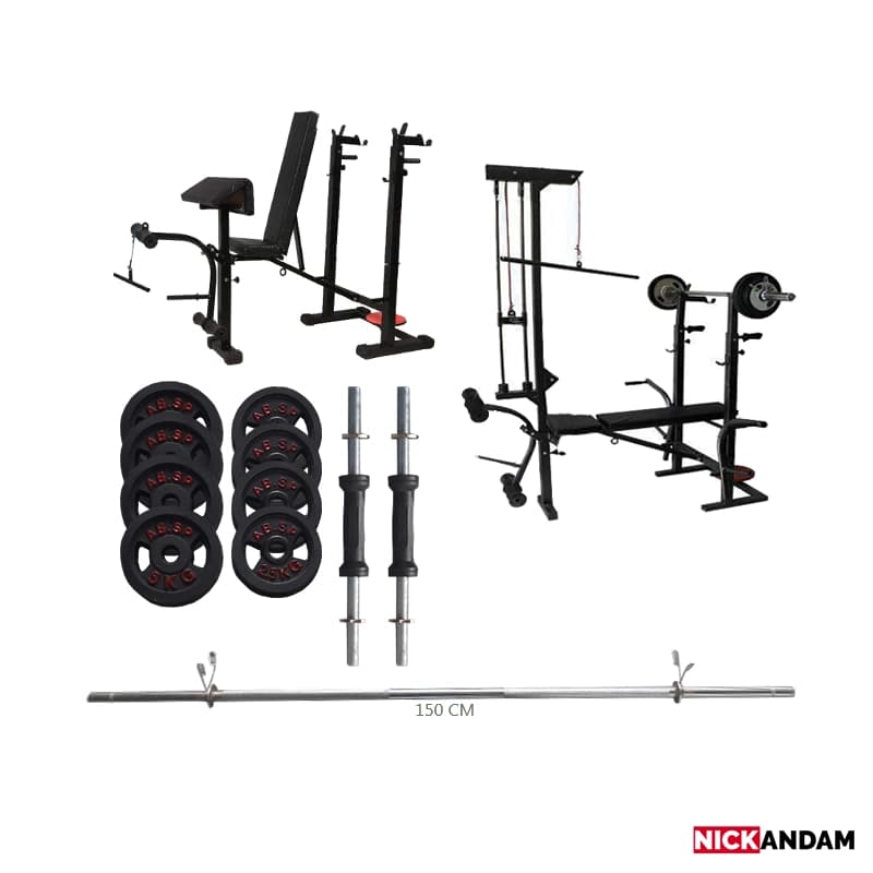 دستگاه بدنسازی میز پرس 42کاره خانگی تاشو + وزنه+ هالتر+ دسته دمبل