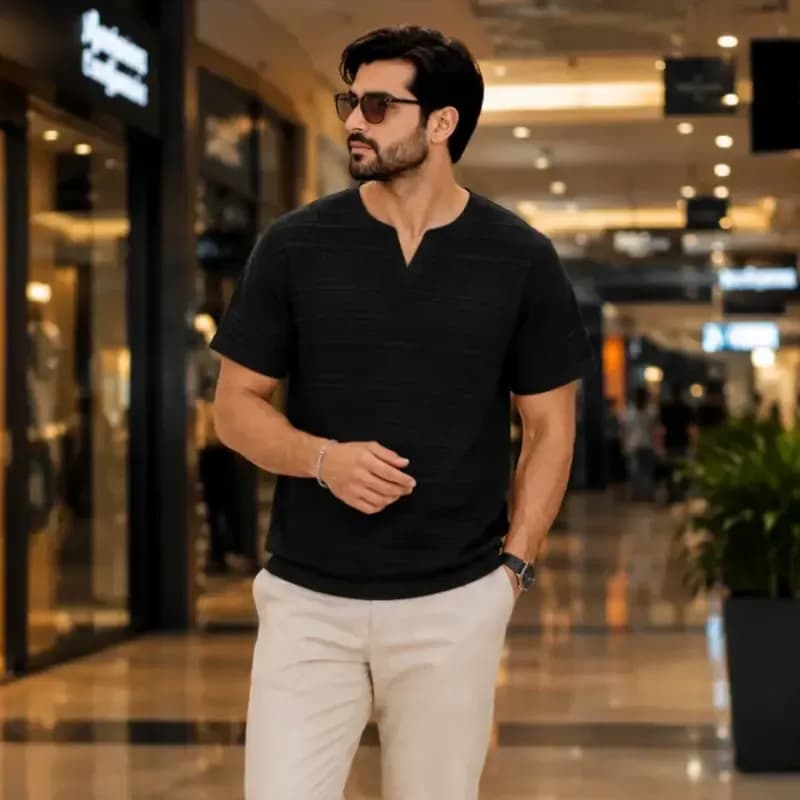 تیشرت مردانه یقه کوبایی مراکشی آستین پاکتی سایز بزرگ رنگ سبز ماچا کرم سفید مشکی — تصویر ۷