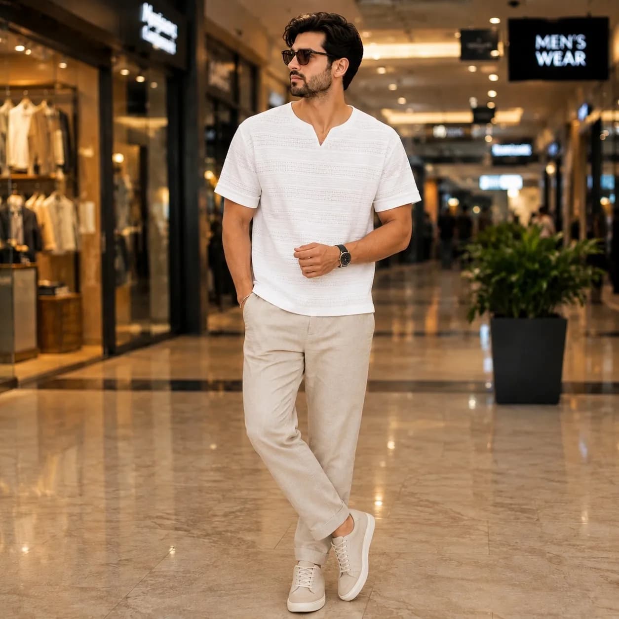 تیشرت مردانه یقه کوبایی مراکشی آستین پاکتی سایز بزرگ رنگ سبز ماچا کرم سفید مشکی — تصویر ۲