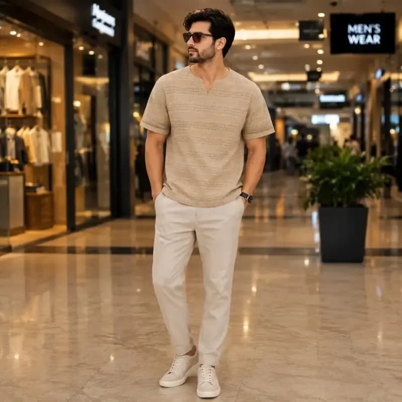 تیشرت مردانه یقه کوبایی مراکشی آستین پاکتی سایز بزرگ رنگ سبز ماچا کرم سفید مشکی — تصویر ۸