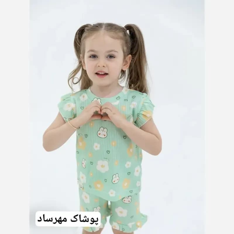 ست راحتی دخترانه تیشرت و شلوارک طرح خرگوش و پلنگی پنبه کبریتی — تصویر ۱۲