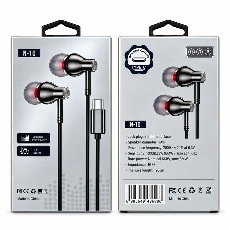هندزفری با سیم Type-C اورجینال مدل N-10 مشکی کد 593692