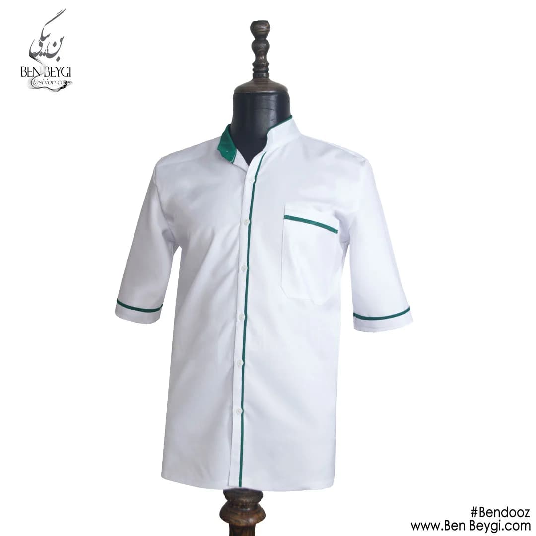 پیراهن آشپزی پارچه کجراه ساده یک ردیف دکمه رنگ سفید و سبز کد 21143