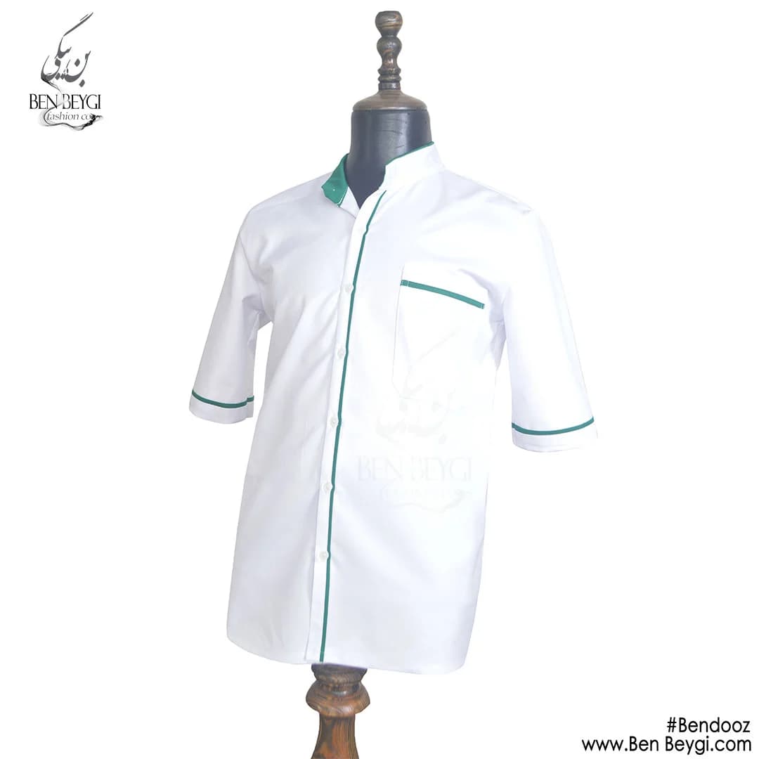 پیراهن آشپزی پارچه کجراه ساده یک ردیف دکمه رنگ سفید و سبز کد 21143 — تصویر ۵