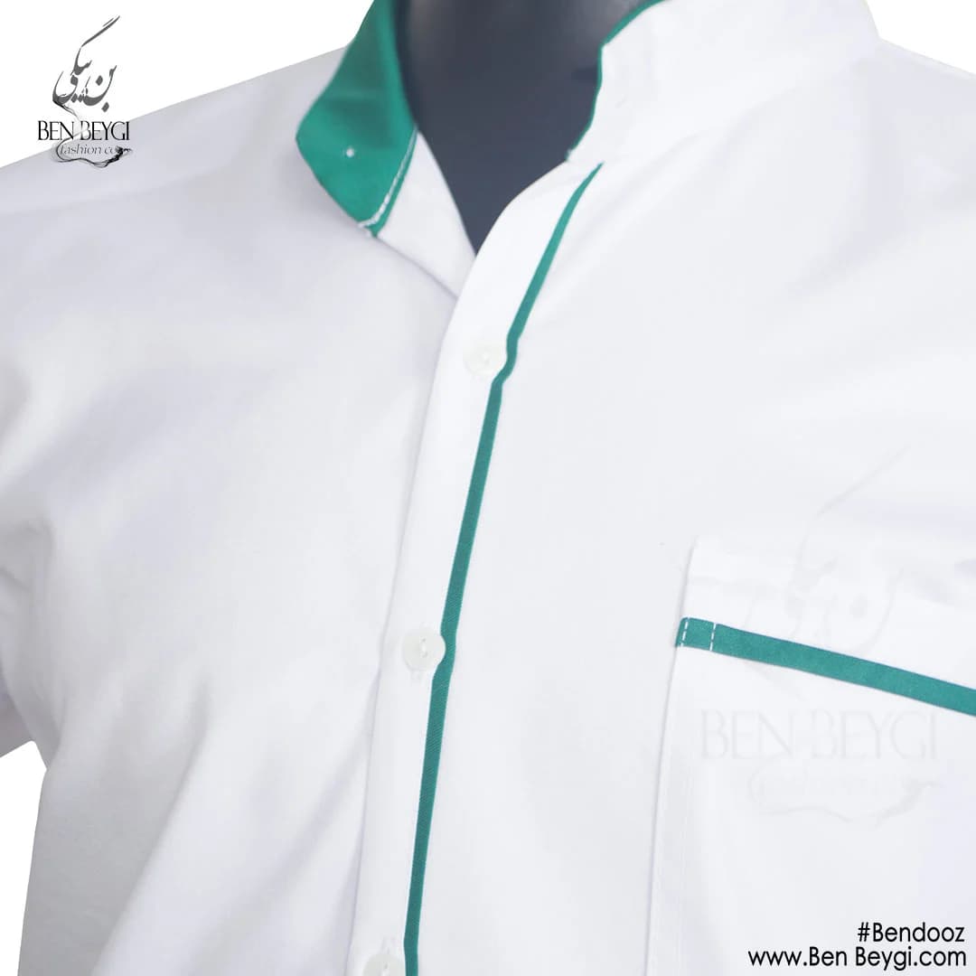 پیراهن آشپزی پارچه کجراه ساده یک ردیف دکمه رنگ سفید و سبز کد 21143 — تصویر ۲