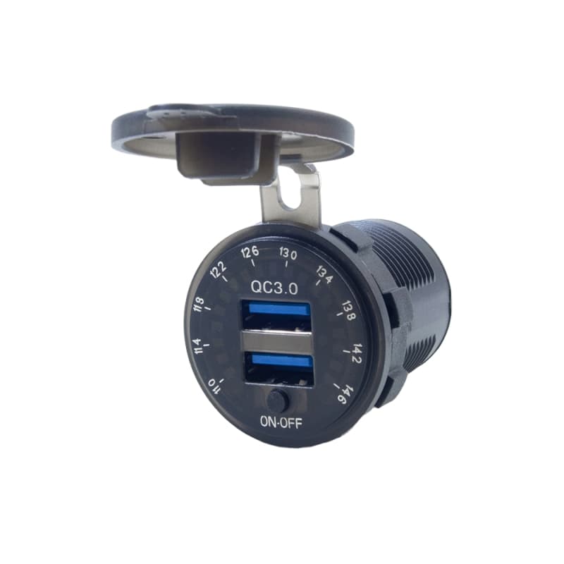شارژر USB خودرویی روپنلی گرد با دو خروجی USB فست شارژ QC3.0 ولتاژ و کلید ON/OFF — تصویر ۳