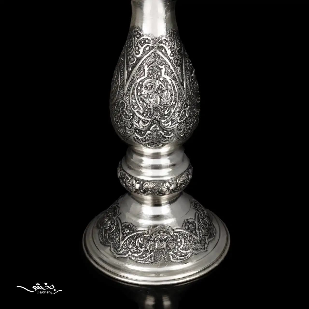 آینه نقره بیضی تاجدار مشبک و گل و مرغ ریزقلم اعلا — تصویر ۷
